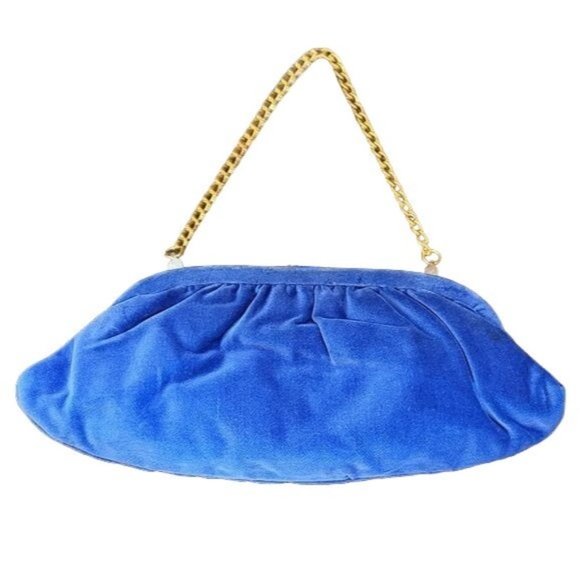 Beautiful Colbat Blue Velvet and Gold Accent Clutch Purse with Matching Gloves - Picture 5 of 16